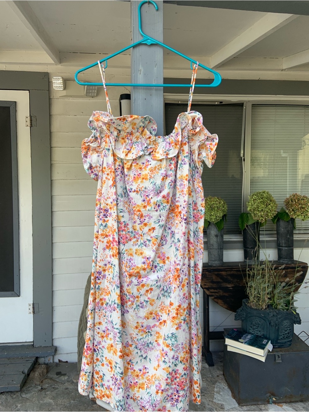 H&M White Floral Off-Shoulder spaghetti-strap  Dress with Orange & Pink Accent